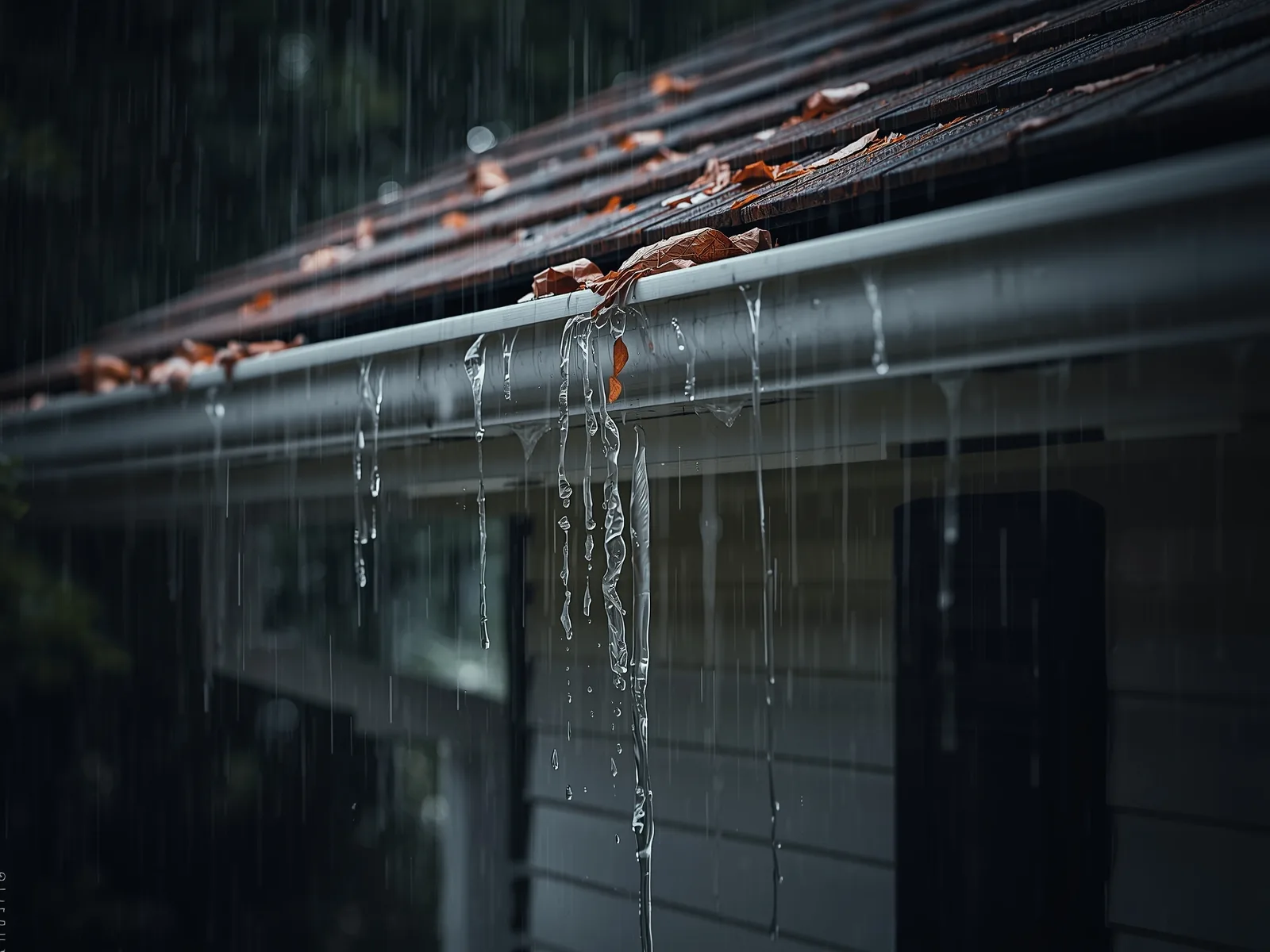 Rainwater overflowing from a clogged gutter down the side of a house during a storm