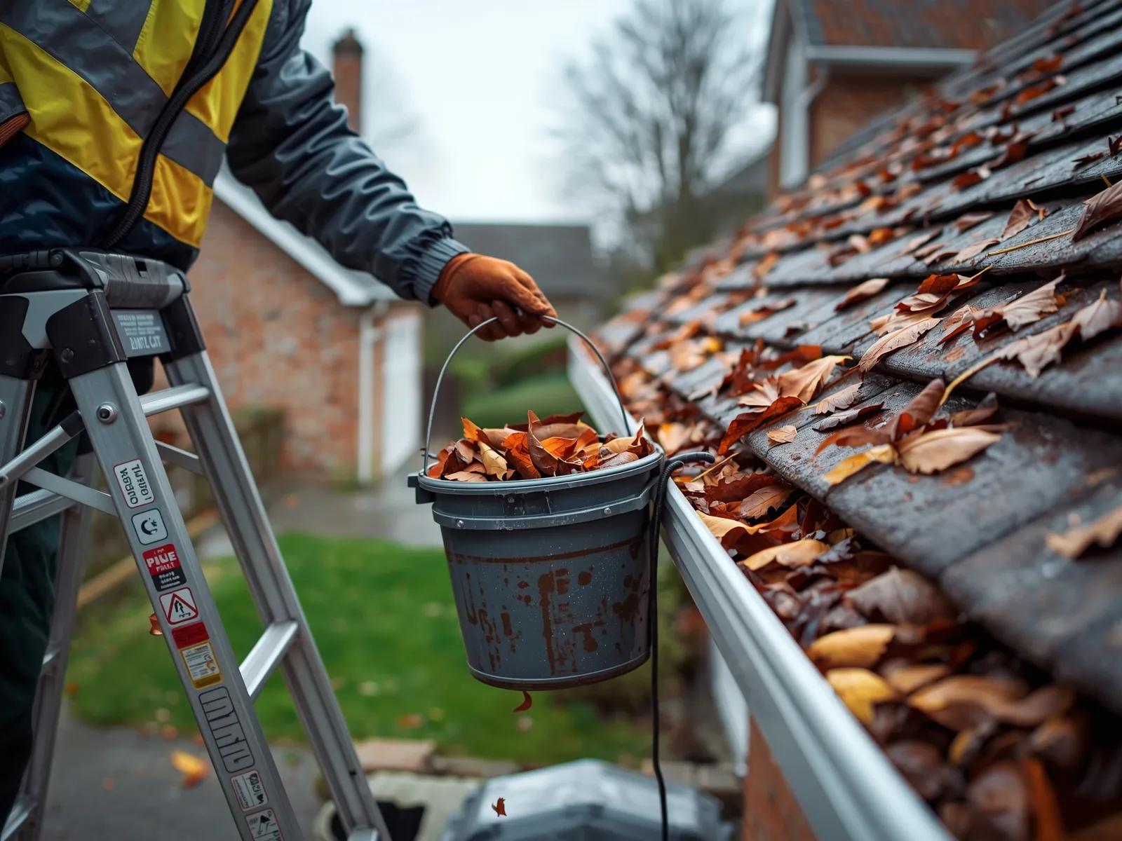 Gutter technician on a ladder clearing leaves from a house gutter into a bucket